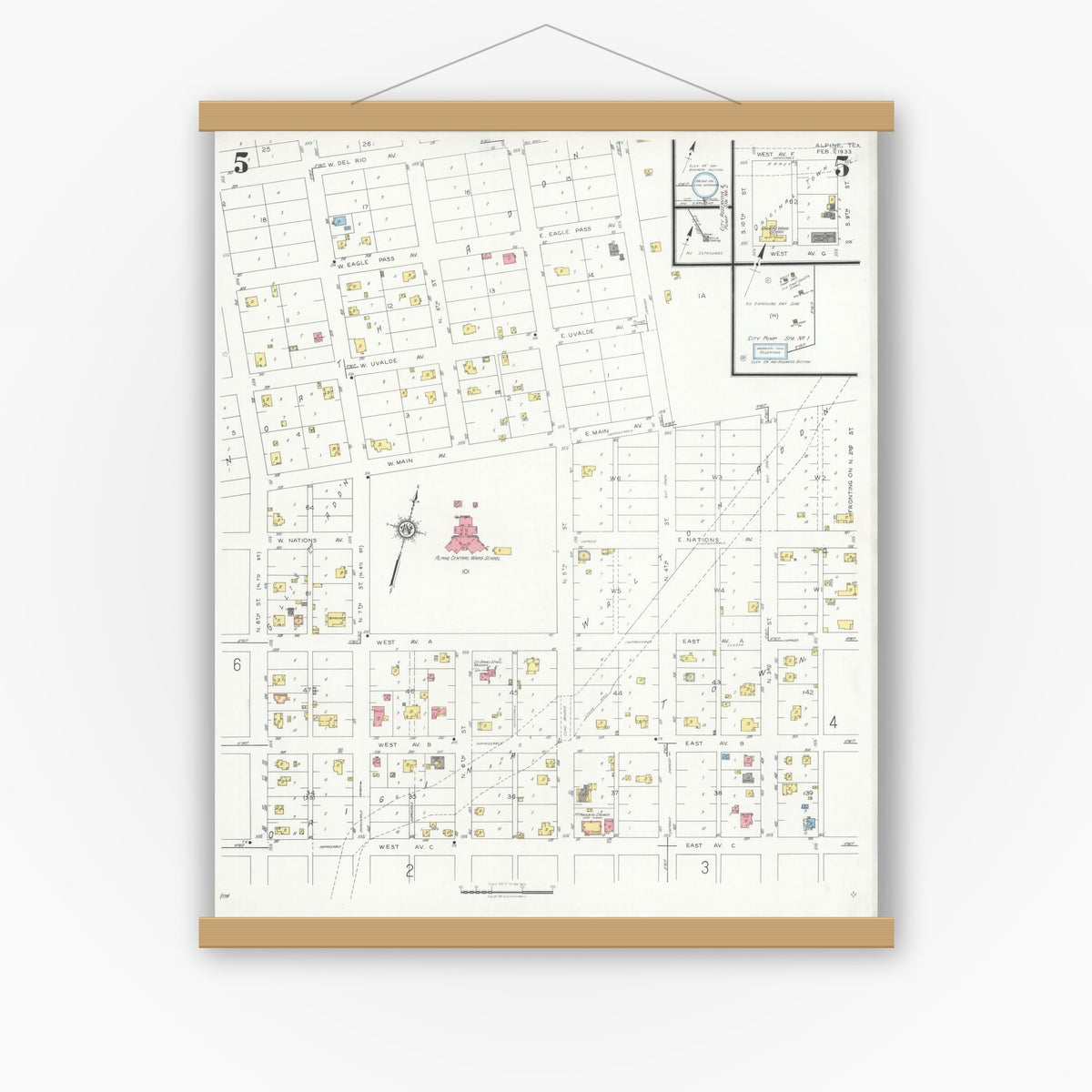 Old map wall art mockup — magnetic wood frame on white wall — Sanborn Fire Insurance Map from Alpine, Brewster County, Texas (1933), Sheet #0005