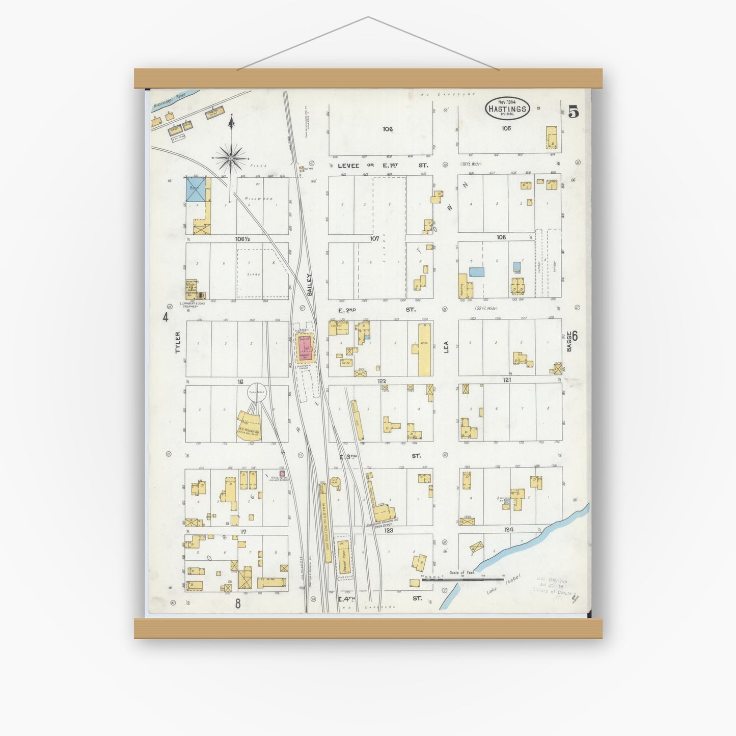 Old map wall art mockup — magnetic wood frame on white wall — Sanborn Fire Insurance Map from Hastings, Dakota County, Minnesota (1904), Sheet #0005