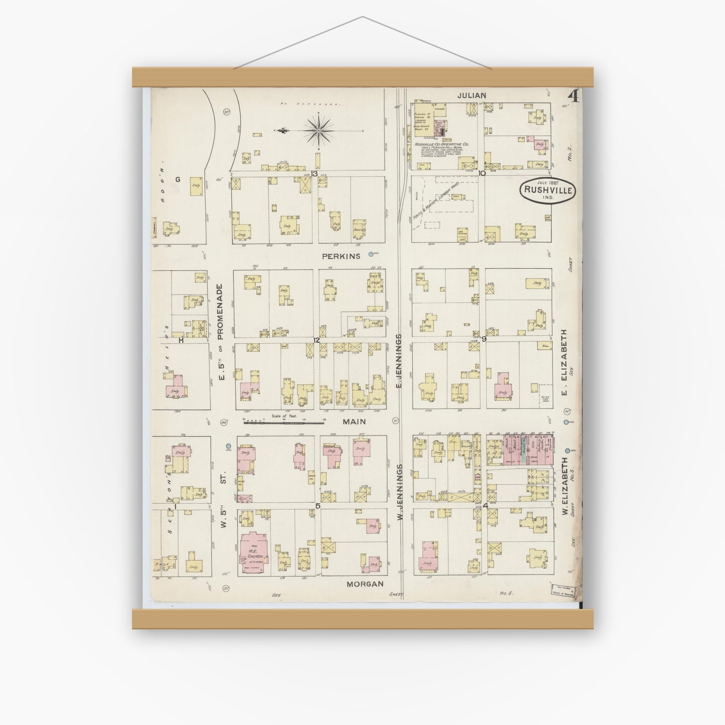Old map wall art mockup — magnetic wood frame on white wall — Sanborn Fire Insurance Map from Rushville, Rush County, Indiana (1887), Sheet #0004