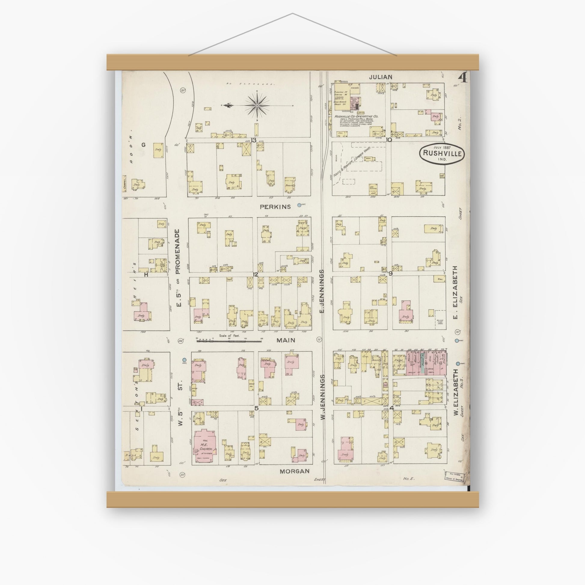 Old map wall art mockup — magnetic wood frame on white wall — Sanborn Fire Insurance Map from Rushville, Rush County, Indiana (1887), Sheet #0004