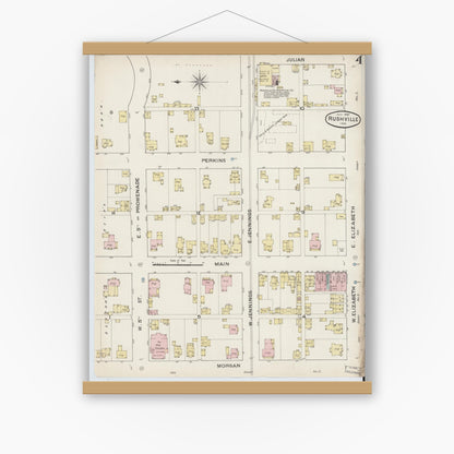 Old map wall art mockup — magnetic wood frame on white wall — Sanborn Fire Insurance Map from Rushville, Rush County, Indiana (1887), Sheet #0004