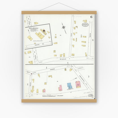 Old map wall art mockup — magnetic wood frame on white wall — Sanborn Fire Insurance Map from Amherst, Hampshire County, Massachusetts (1910), Sheet #0006