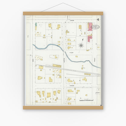 Old map wall art mockup — magnetic wood frame on white wall — Sanborn Fire Insurance Map from Huntsville, Walker County, Texas (1906), Sheet #0004