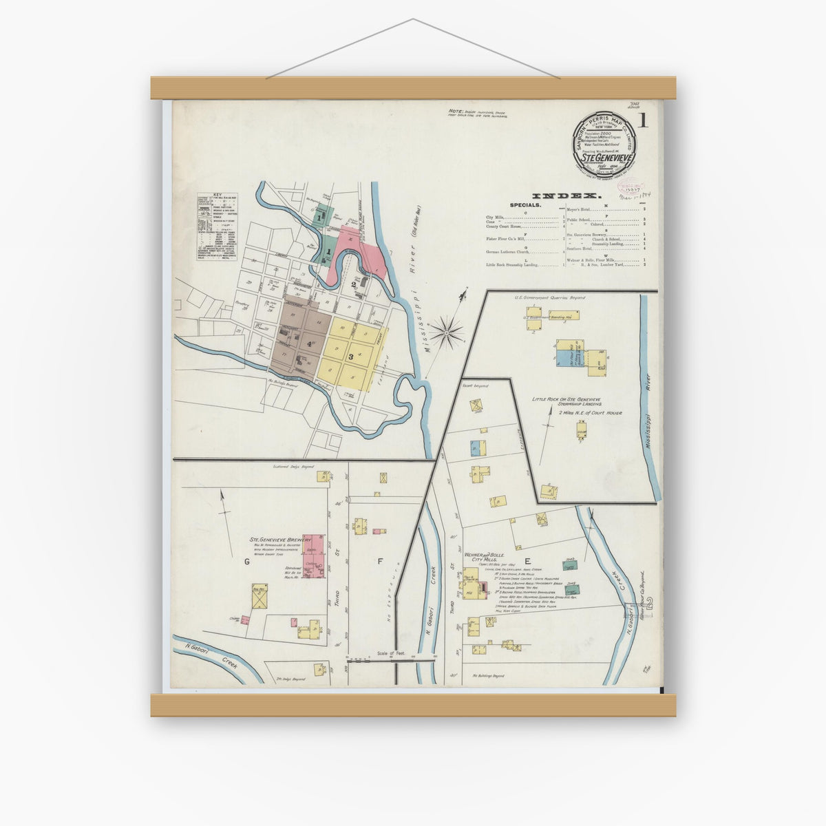 Old map wall art mockup — magnetic wood frame on white wall — Sanborn Fire Insurance Map from Sainte Genevieve, Saint Genevieve County, Missouri (1894) - Complete Map Set