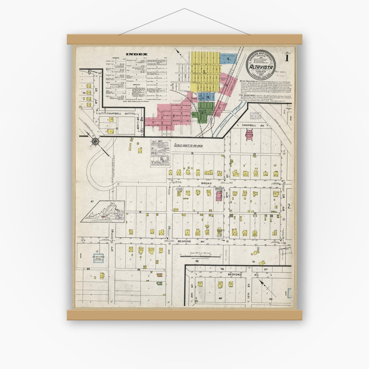 Old map wall art mockup — magnetic wood frame on white wall — Sanborn Fire Insurance Map from Altavista, Campbell County, Virginia (1918), Sheet #0001