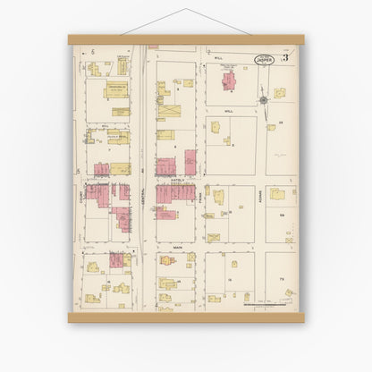 Old map wall art mockup — magnetic wood frame on white wall — Sanborn Fire Insurance Map from Jasper, Hamilton County, Florida (1922), Sheet #0003