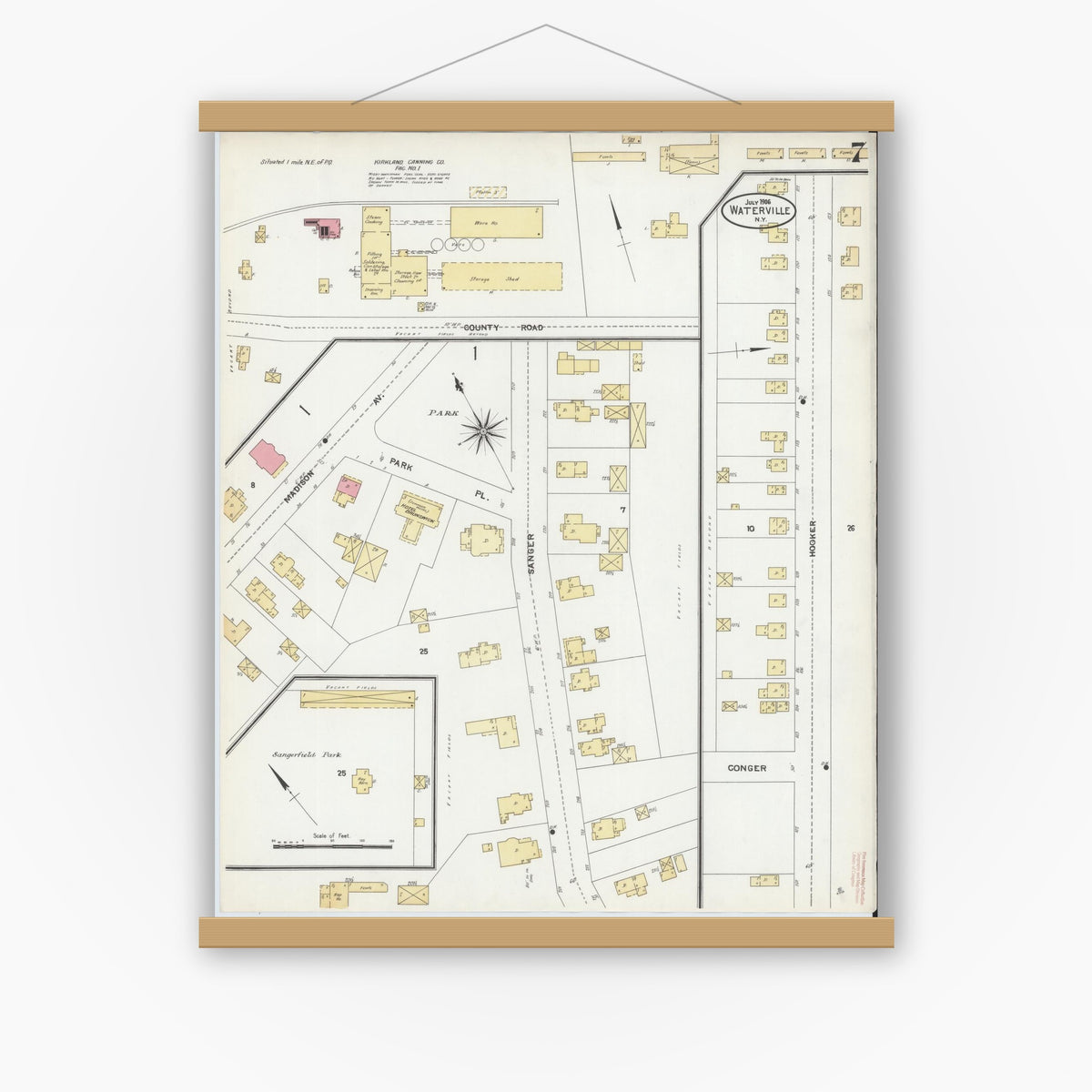 Old map wall art mockup — magnetic wood frame on white wall — Sanborn Fire Insurance Map from Waterville, Oneida County, New York (1906), Sheet #0007