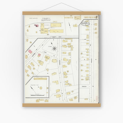 Old map wall art mockup — magnetic wood frame on white wall — Sanborn Fire Insurance Map from Waterville, Oneida County, New York (1906), Sheet #0007