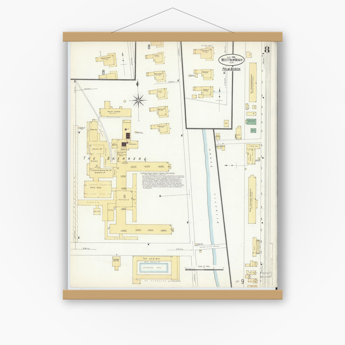 Old map wall art mockup — magnetic wood frame on white wall — Sanborn Fire Insurance Map from West Palm Beach, Dade County, Florida (1908), Sheet #0008
