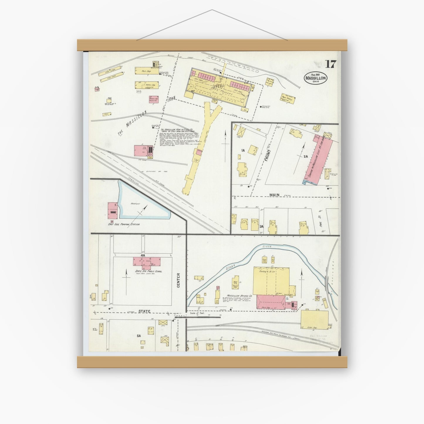 Old map wall art mockup — magnetic wood frame on white wall — Sanborn Fire Insurance Map from Massillon, Stark County, Ohio (1901), Sheet #0017