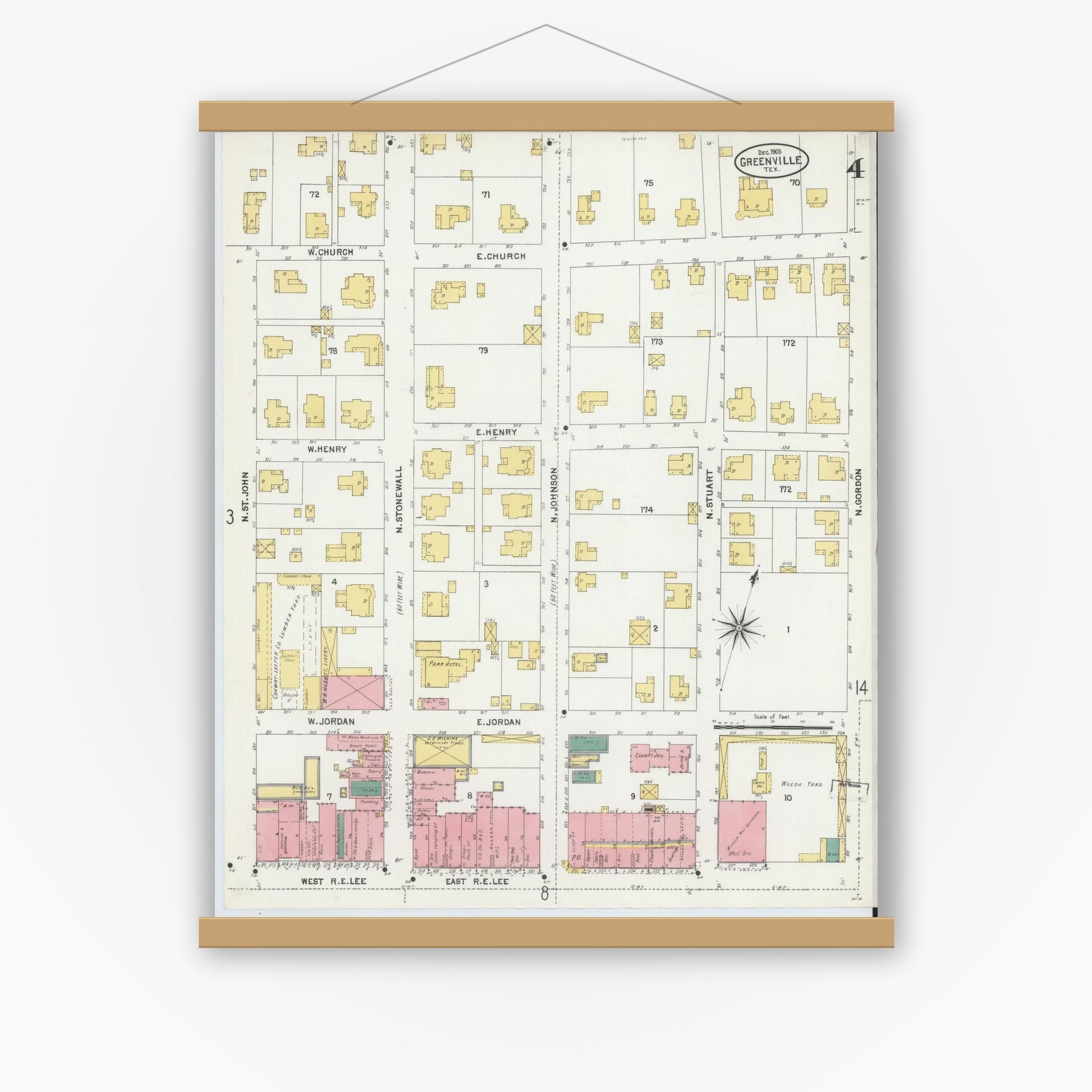 Old map wall art mockup — magnetic wood frame on white wall — Sanborn Fire Insurance Map from Greenville, Hunt County, Texas (1903), Sheet #0004