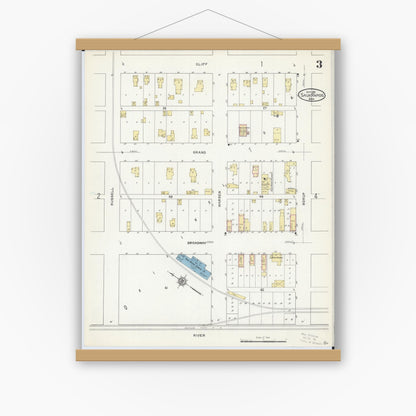 Old map wall art mockup — magnetic wood frame on white wall — Sanborn Fire Insurance Map from Sauk Rapids, Benton County, Minnesota (1912), Sheet #0003