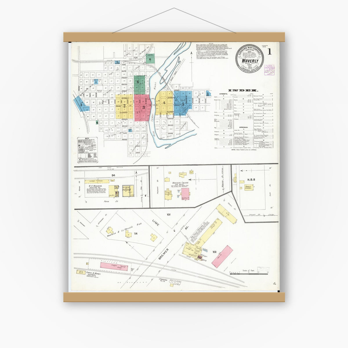 Old map wall art mockup — magnetic wood frame on white wall — Sanborn Fire Insurance Map from Waverly, Bremer County, Iowa (1905), Sheet #0001