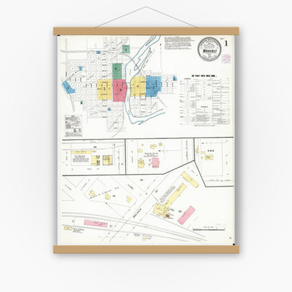 Old map wall art mockup — magnetic wood frame on white wall — Sanborn Fire Insurance Map from Waverly, Bremer County, Iowa (1905), Sheet #0001