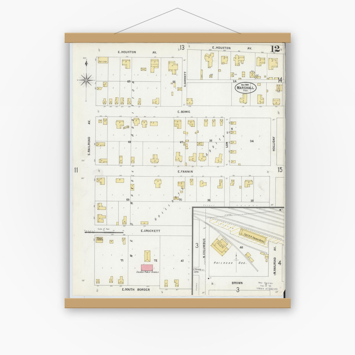 Old map wall art mockup — magnetic wood frame on white wall — Sanborn Fire Insurance Map from Marshall, Harrison County, Texas (1899), Sheet #0012