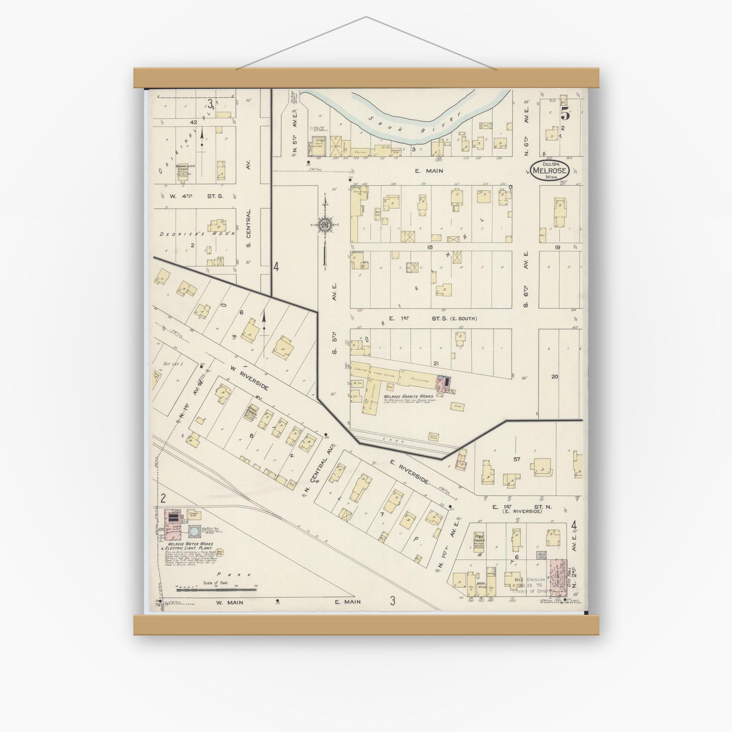 Old map wall art mockup — magnetic wood frame on white wall — Sanborn Fire Insurance Map from Melrose, Stearns County, Minnesota (1914), Sheet #0005