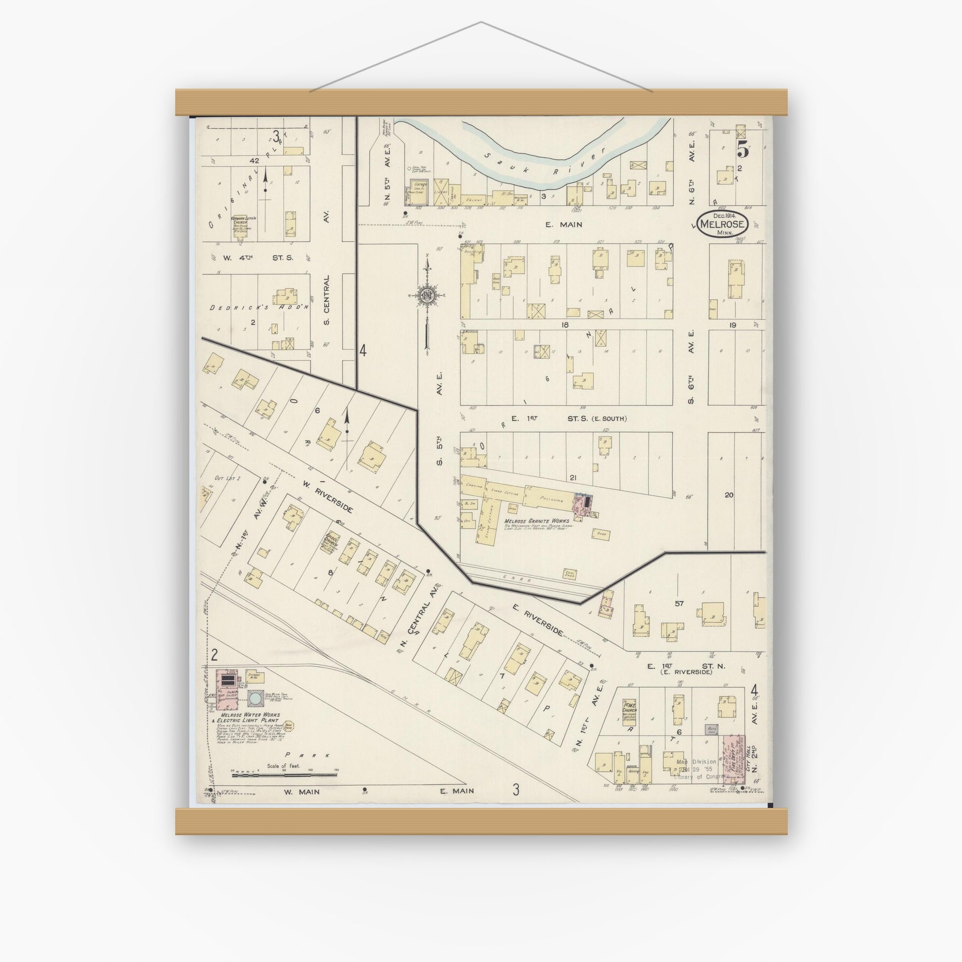 Old map wall art mockup — magnetic wood frame on white wall — Sanborn Fire Insurance Map from Melrose, Stearns County, Minnesota (1914), Sheet #0005