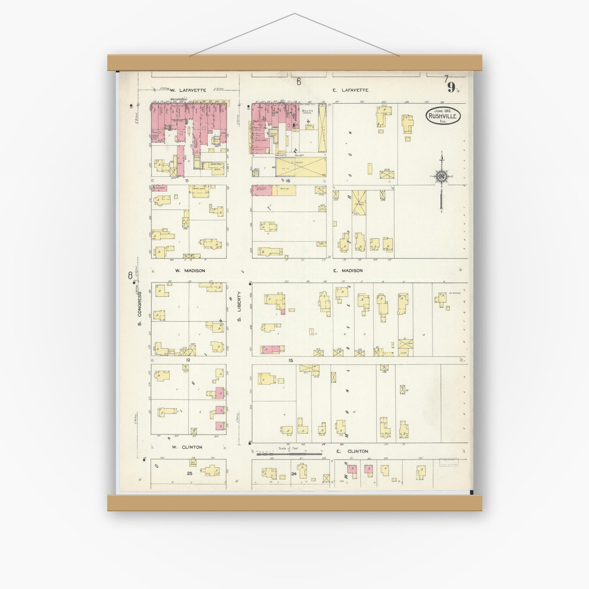 Old map wall art mockup — magnetic wood frame on white wall — Sanborn Fire Insurance Map from Rushville, Schuyler County, Illinois (1913), Sheet #0009