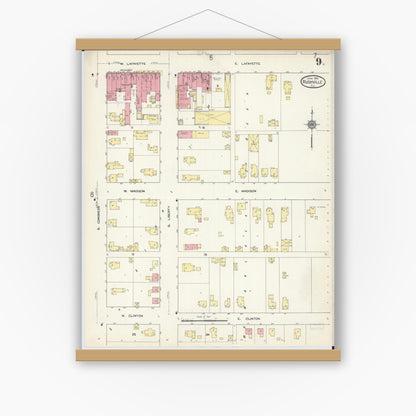 Old map wall art mockup — magnetic wood frame on white wall — Sanborn Fire Insurance Map from Rushville, Schuyler County, Illinois (1913), Sheet #0009