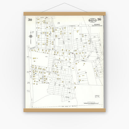 Old map wall art mockup — magnetic wood frame on white wall — Sanborn Fire Insurance Map from Wakefield, Middlesex County, Massachusetts (1923), Sheet #0030
