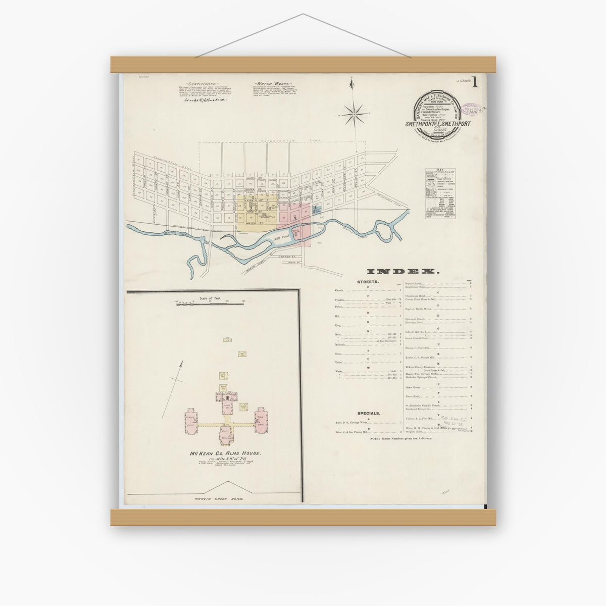Old map wall art mockup — magnetic wood frame on white wall — Sanborn Fire Insurance Map from Smethport, McKean County, Pennsylvania (1887) - Complete Map Set