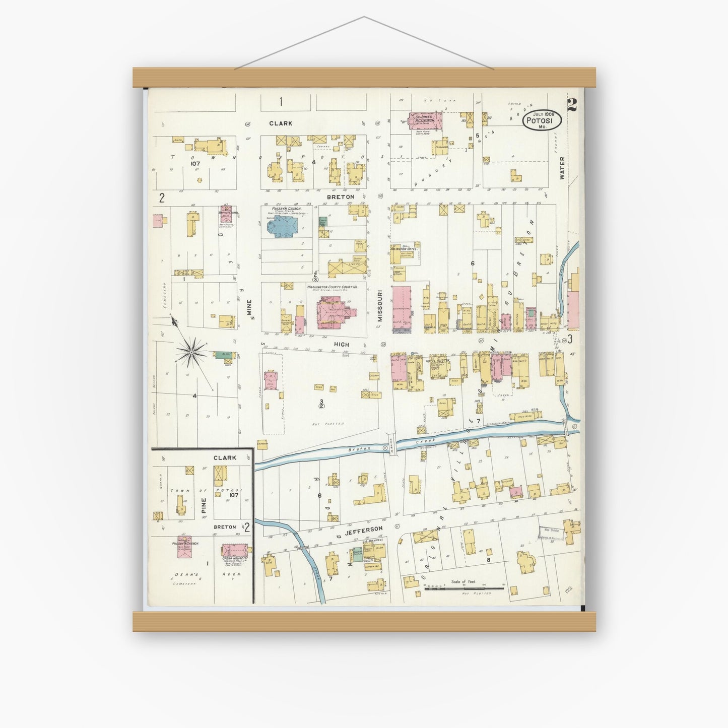 Old map wall art mockup — magnetic wood frame on white wall — Sanborn Fire Insurance Map from Potosi, Washington County, Missouri (1908), Sheet #0002