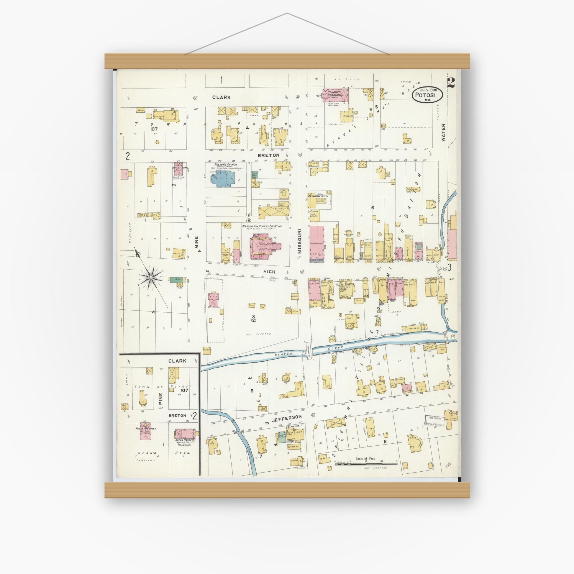 Old map wall art mockup — magnetic wood frame on white wall — Sanborn Fire Insurance Map from Potosi, Washington County, Missouri (1908), Sheet #0002