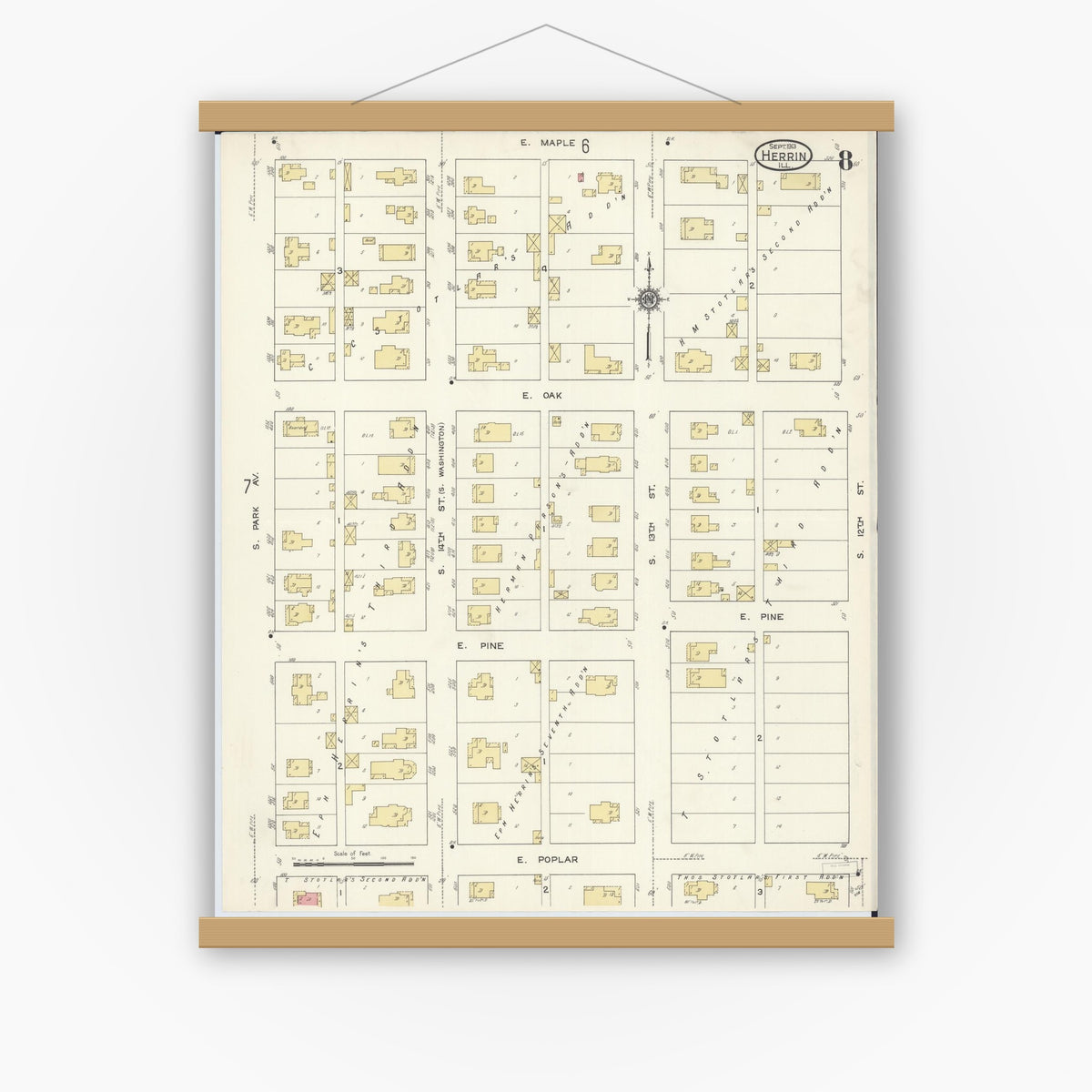 Old map wall art mockup — magnetic wood frame on white wall — Sanborn Fire Insurance Map from Herrin, Williamson County, Illinois (1913), Sheet #0008