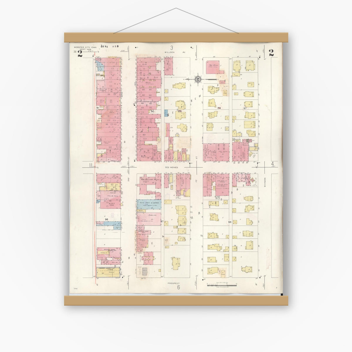 Old map wall art mockup — magnetic wood frame on white wall — Sanborn Fire Insurance Map from Webster City, Hamilton County, Iowa (1950), Sheet #0002