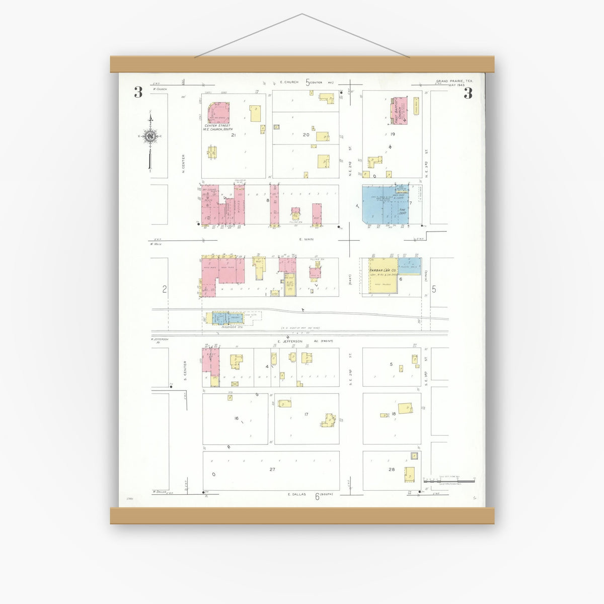 Old map wall art mockup — magnetic wood frame on white wall — Sanborn Fire Insurance Map from Grand Prairie, Dallas County, Texas (1943), Sheet #0003