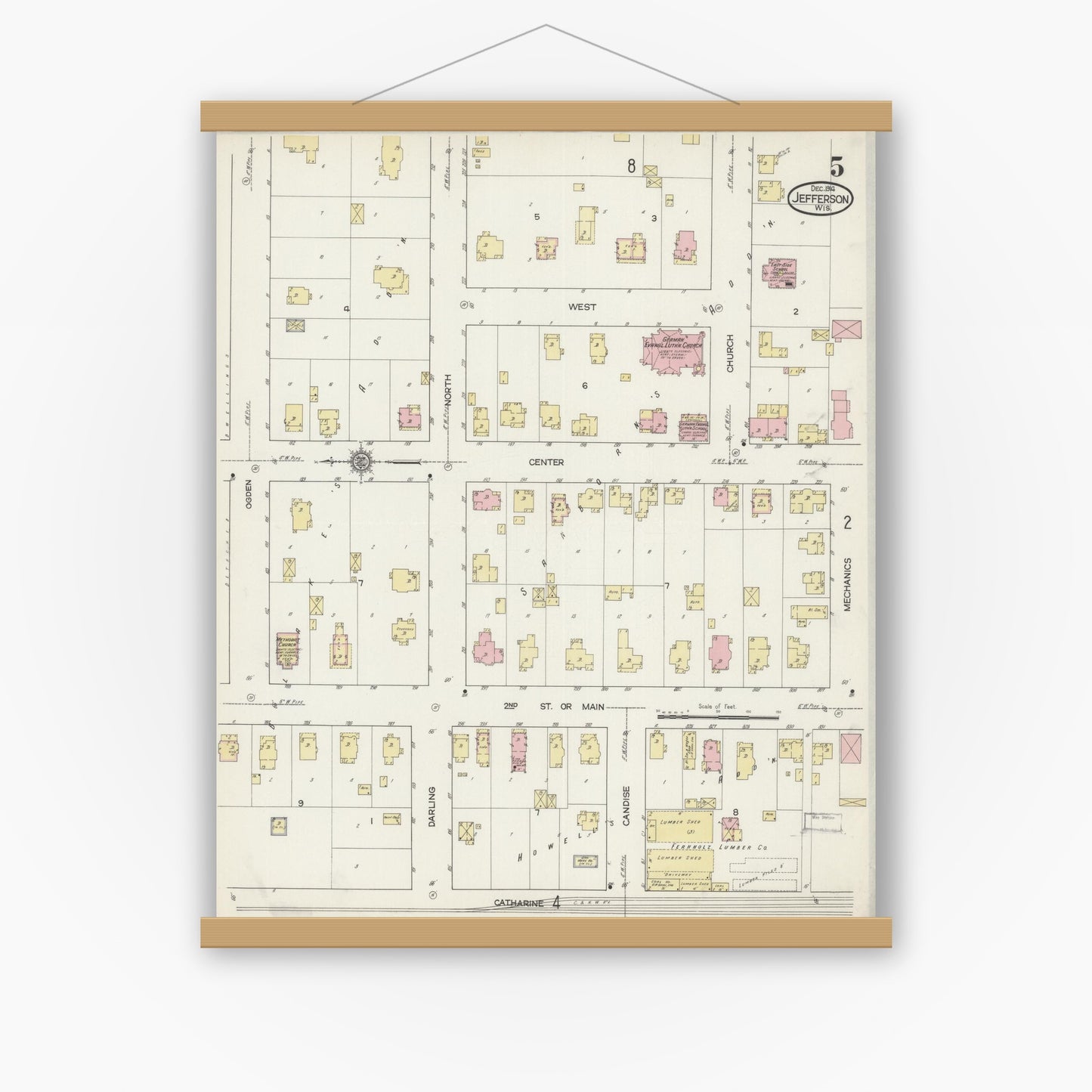 Old map wall art mockup — magnetic wood frame on white wall — Sanborn Fire Insurance Map from Jefferson, Jefferson County, Wisconsin (1914), Sheet #0005