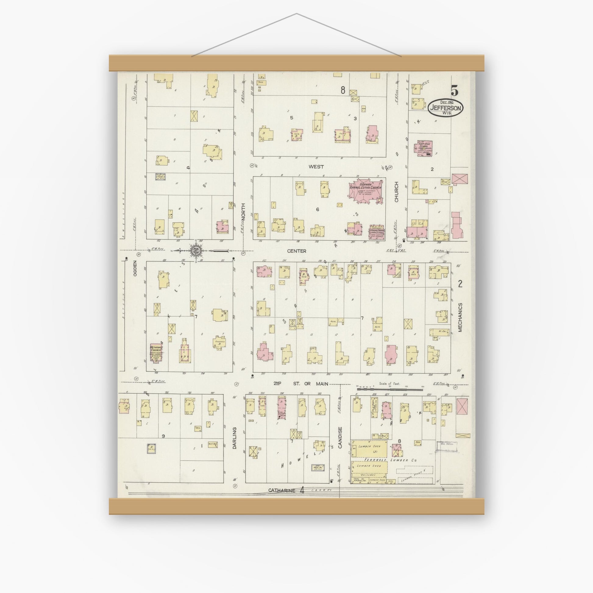 Old map wall art mockup — magnetic wood frame on white wall — Sanborn Fire Insurance Map from Jefferson, Jefferson County, Wisconsin (1914), Sheet #0005