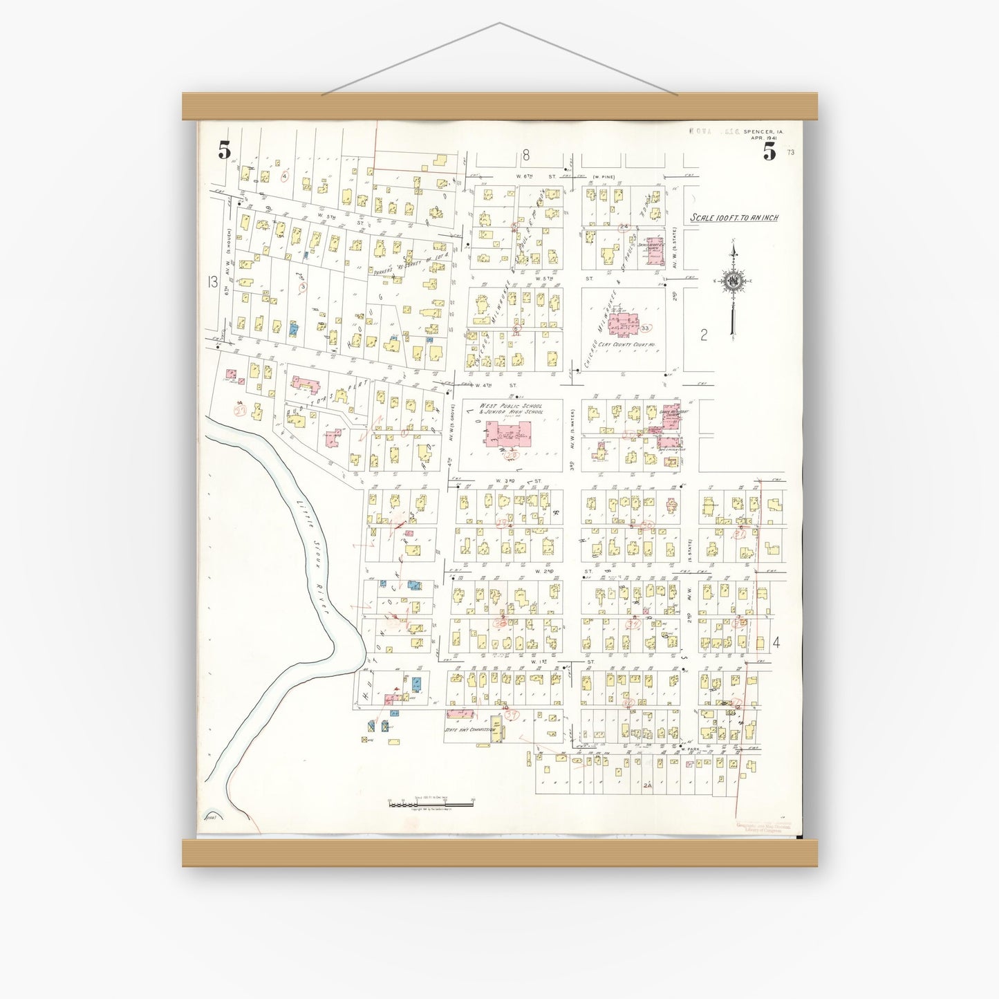 Old map wall art mockup — magnetic wood frame on white wall — Sanborn Fire Insurance Map from Spencer, Clay County, Iowa (1946), Sheet #0005