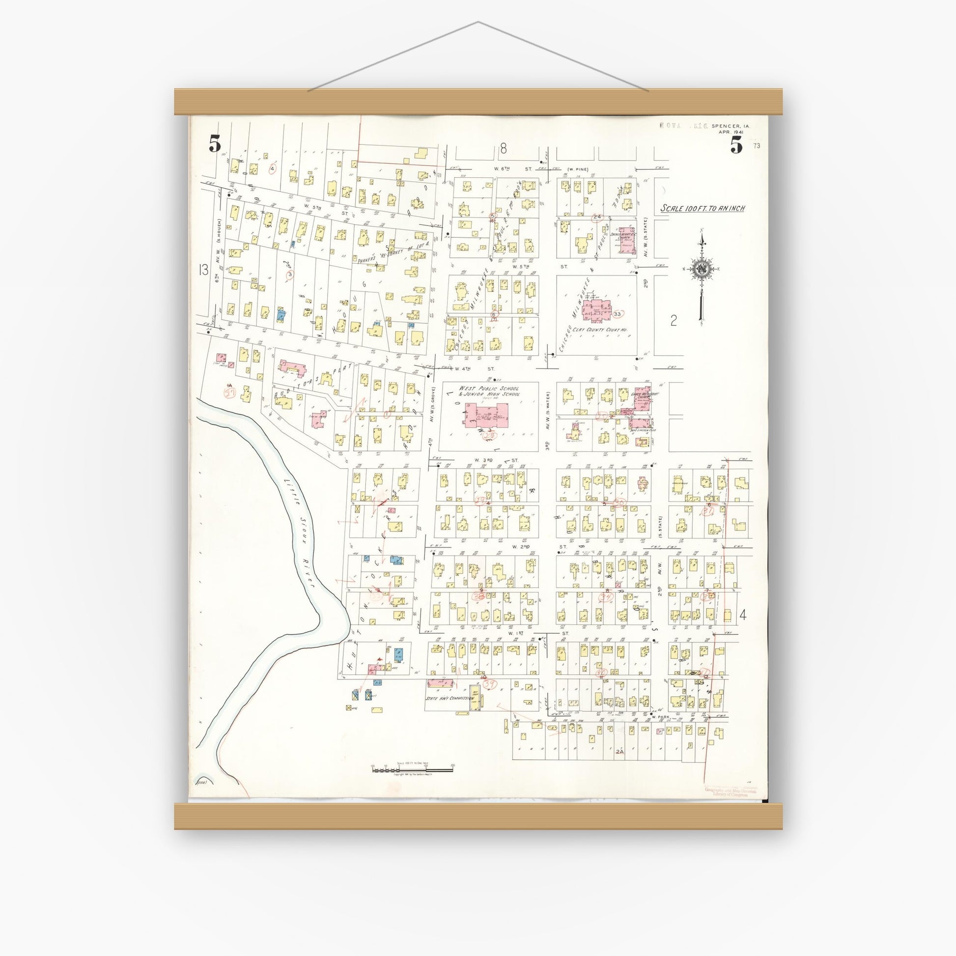 Old map wall art mockup — magnetic wood frame on white wall — Sanborn Fire Insurance Map from Spencer, Clay County, Iowa (1946), Sheet #0005