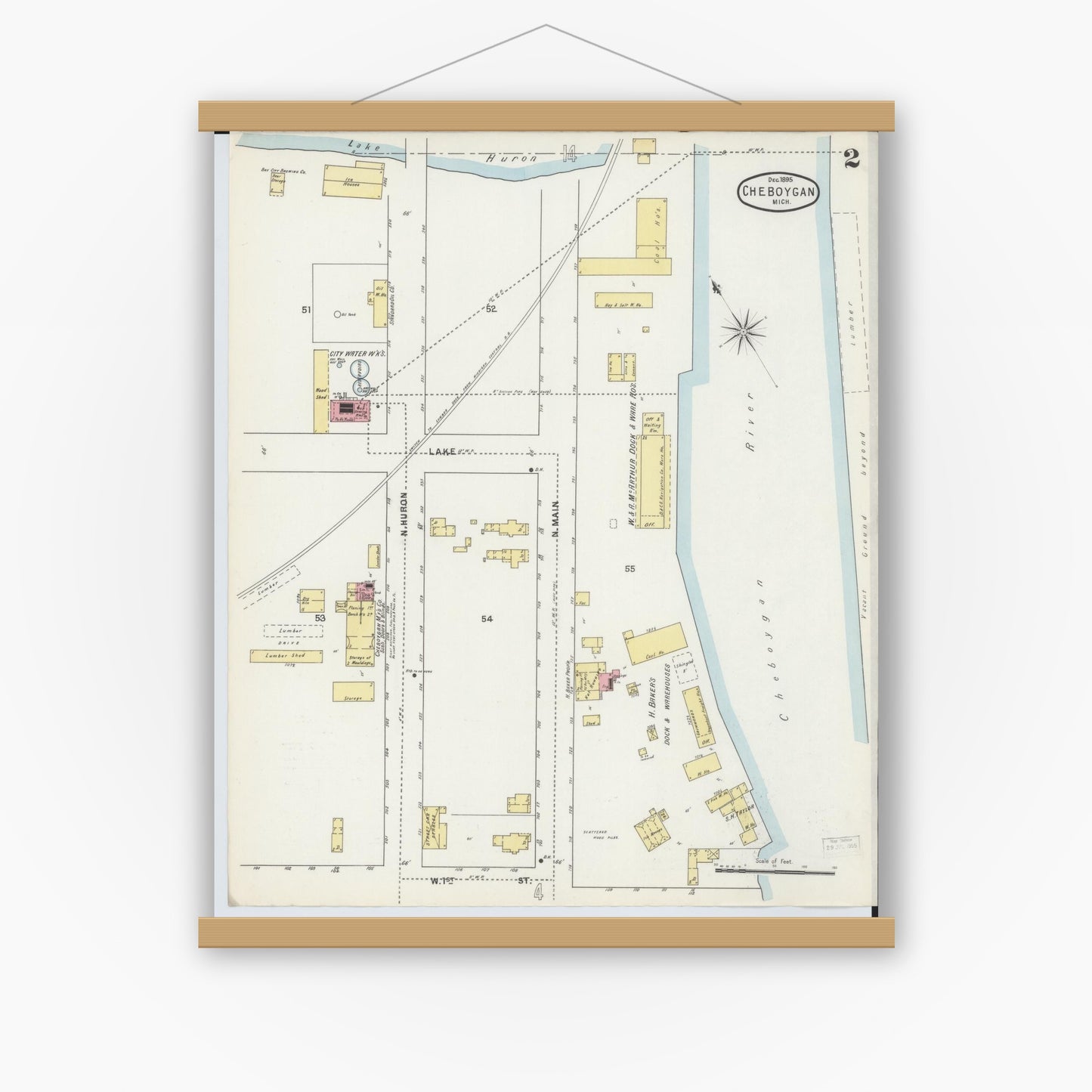 Old map wall art mockup — magnetic wood frame on white wall — Sanborn Fire Insurance Map from Cheboygan, Cheboygan County, Michigan (1895), Sheet #0002