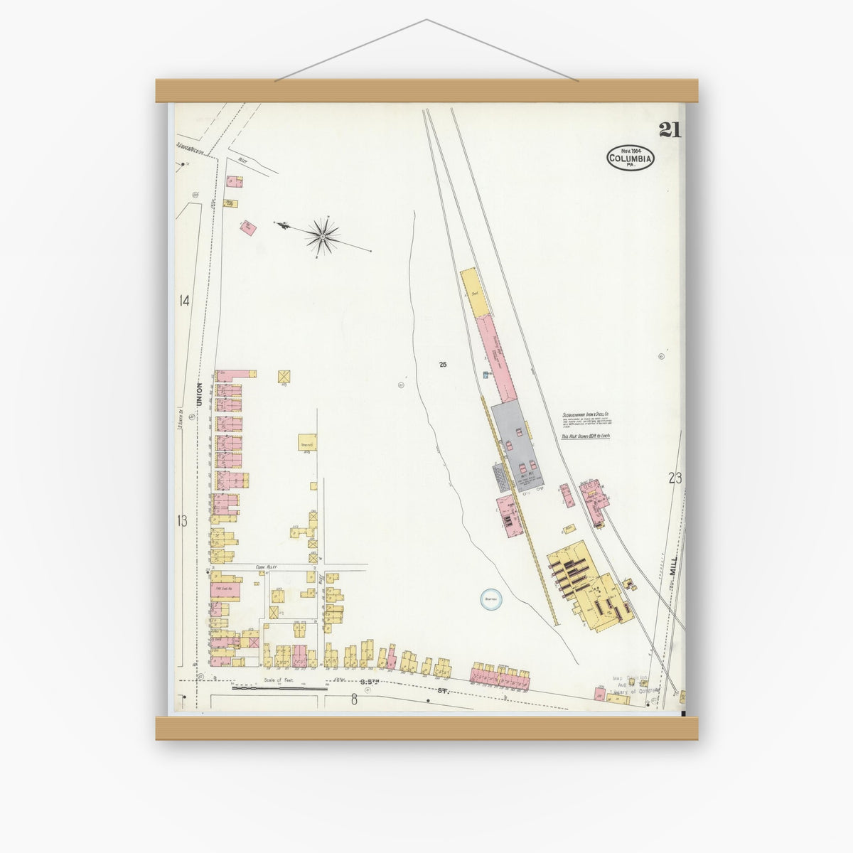 Old map wall art mockup — magnetic wood frame on white wall — Sanborn Fire Insurance Map from Columbia, Lancaster County, Pennsylvania (1904), Sheet #0021
