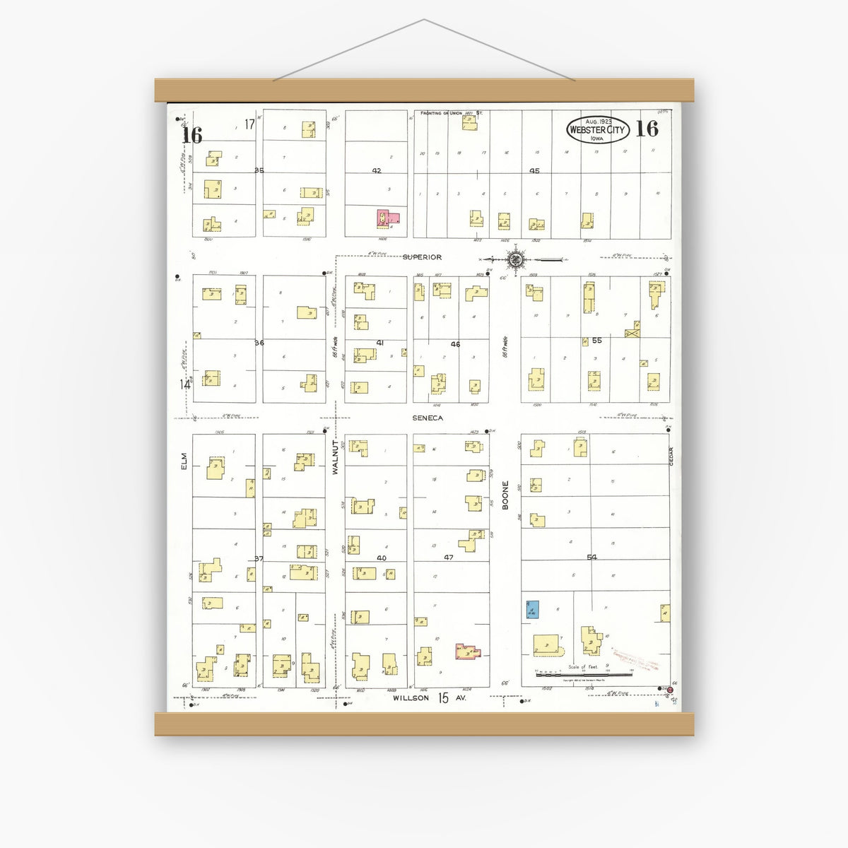 Old map wall art mockup — magnetic wood frame on white wall — Sanborn Fire Insurance Map from Webster City, Hamilton County, Iowa (1923), Sheet #0016