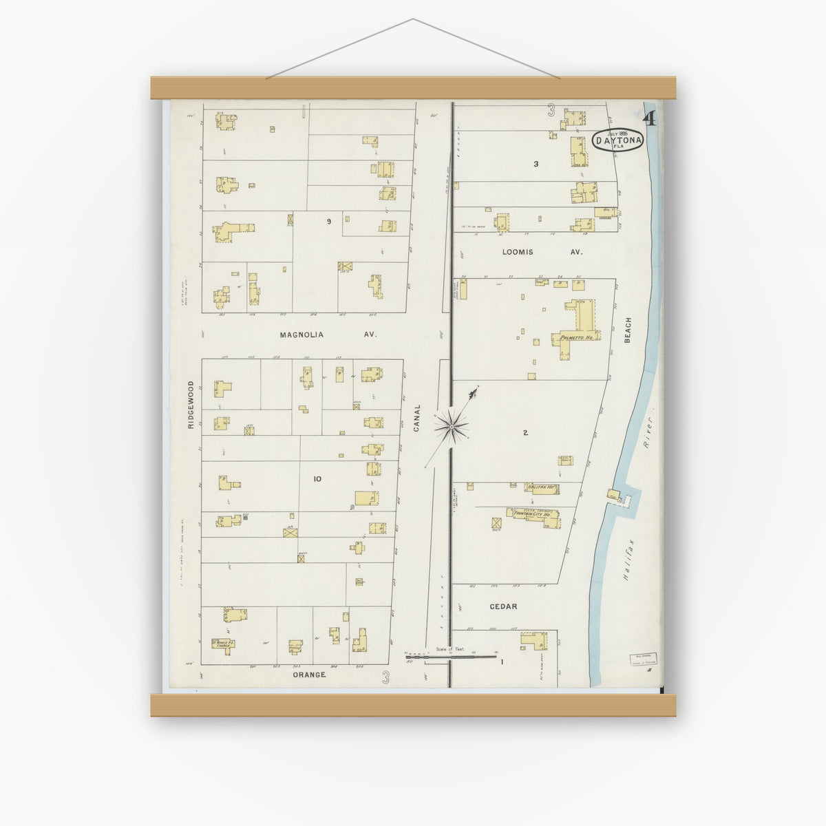 Old map wall art mockup — magnetic wood frame on white wall — Sanborn Fire Insurance Map from Daytona, Volusia County, Florida (1895), Sheet #0004