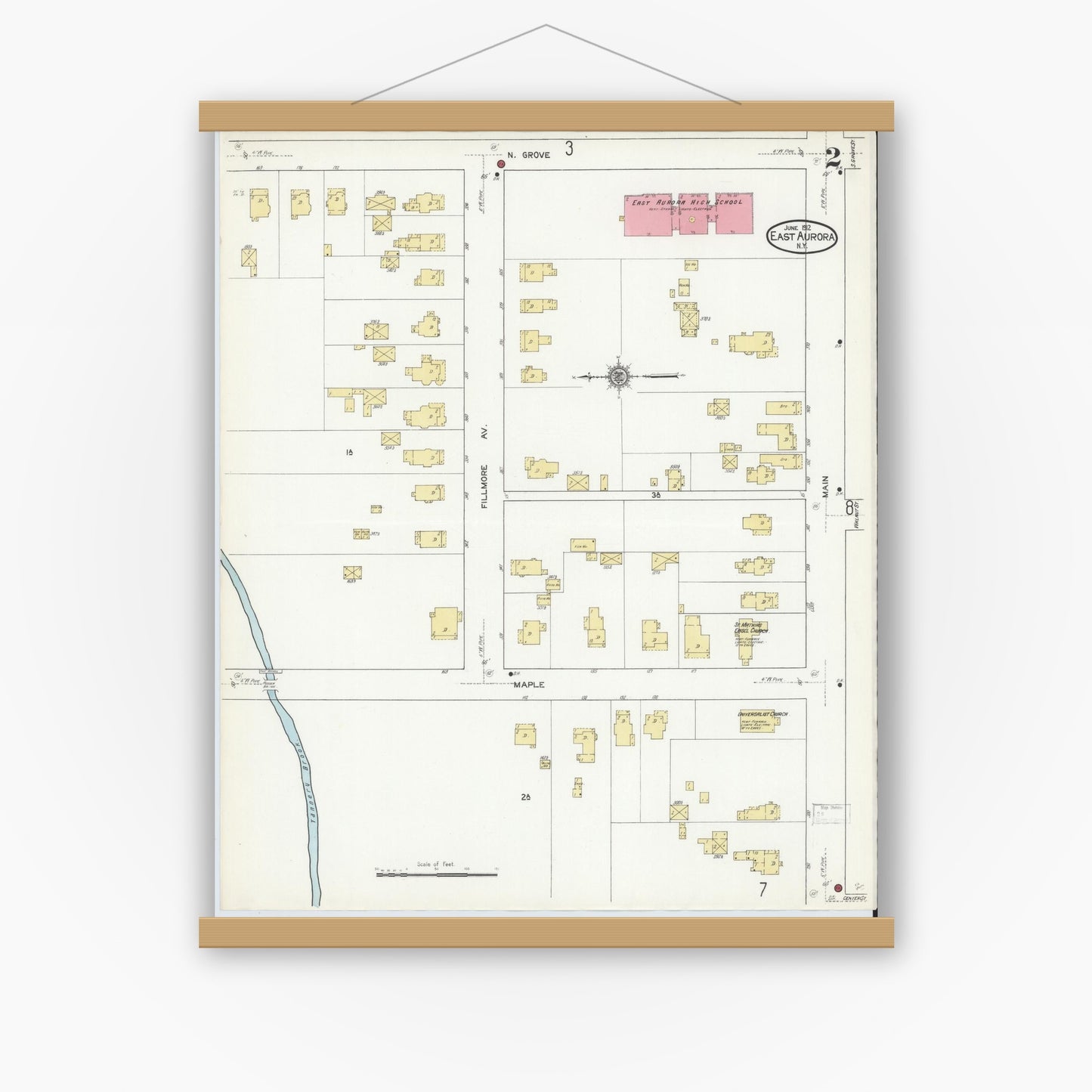 Old map wall art mockup — magnetic wood frame on white wall — Sanborn Fire Insurance Map from East Aurora, Erie County, New York (1912) - Complete Map Set