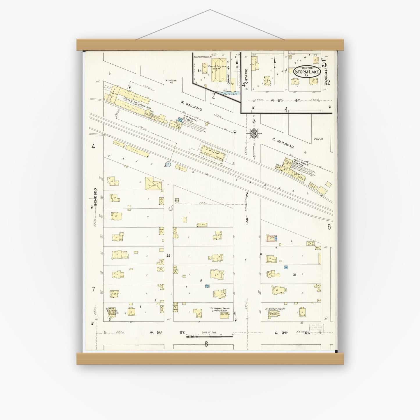 Old map wall art mockup — magnetic wood frame on white wall — Sanborn Fire Insurance Map from Storm Lake, Buena Vista County, Iowa (1914), Sheet #0005