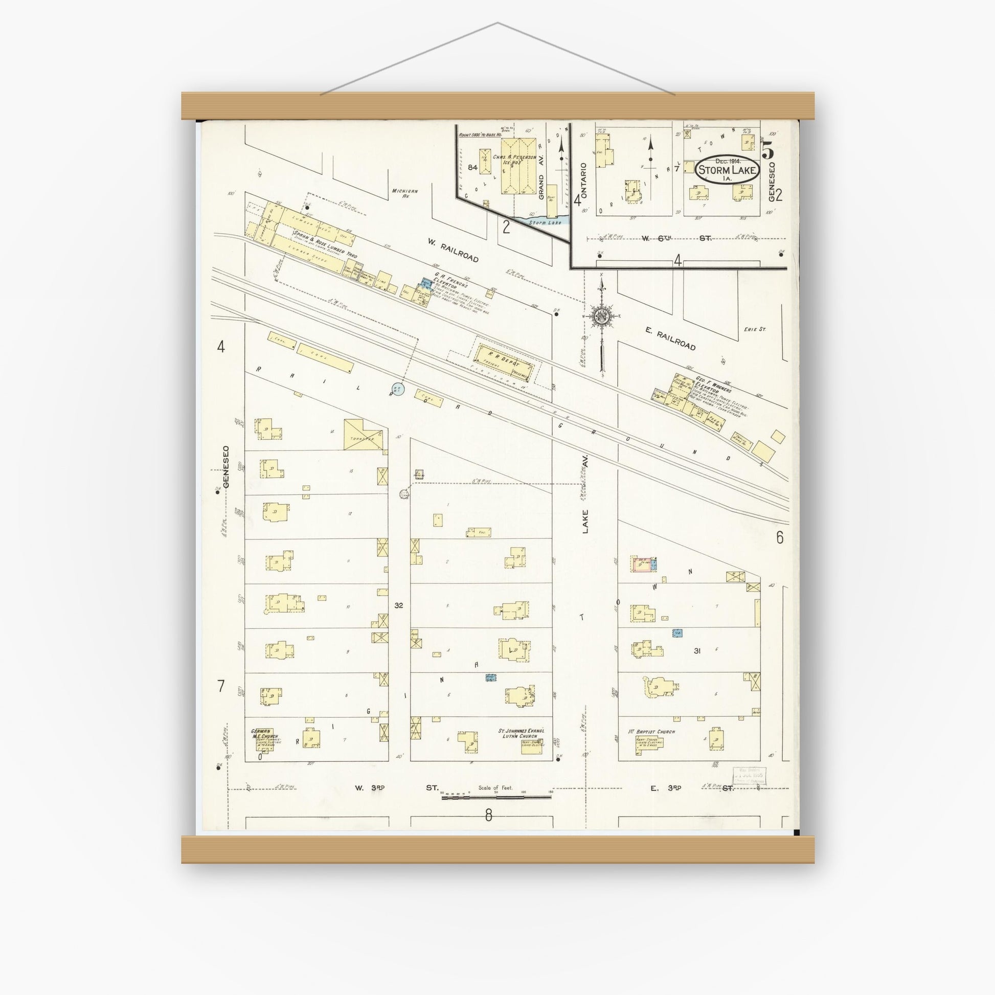 Old map wall art mockup — magnetic wood frame on white wall — Sanborn Fire Insurance Map from Storm Lake, Buena Vista County, Iowa (1914), Sheet #0005