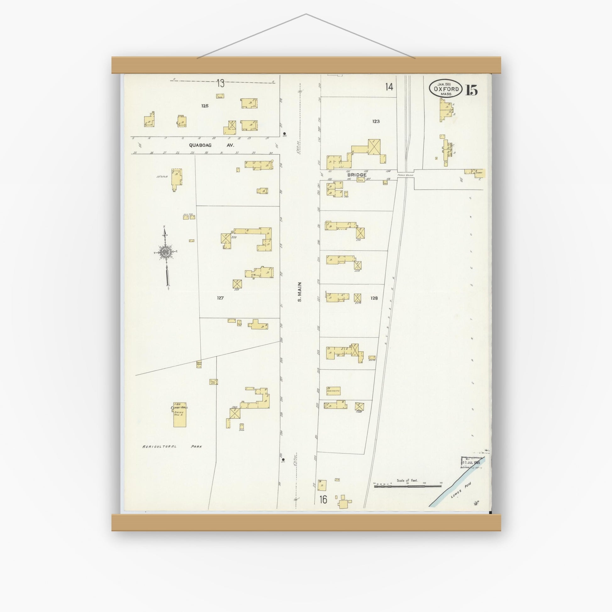 Old map wall art mockup — magnetic wood frame on white wall — Sanborn Fire Insurance Map from Oxford, Worcester County, Massachusetts (1911), Sheet #0015