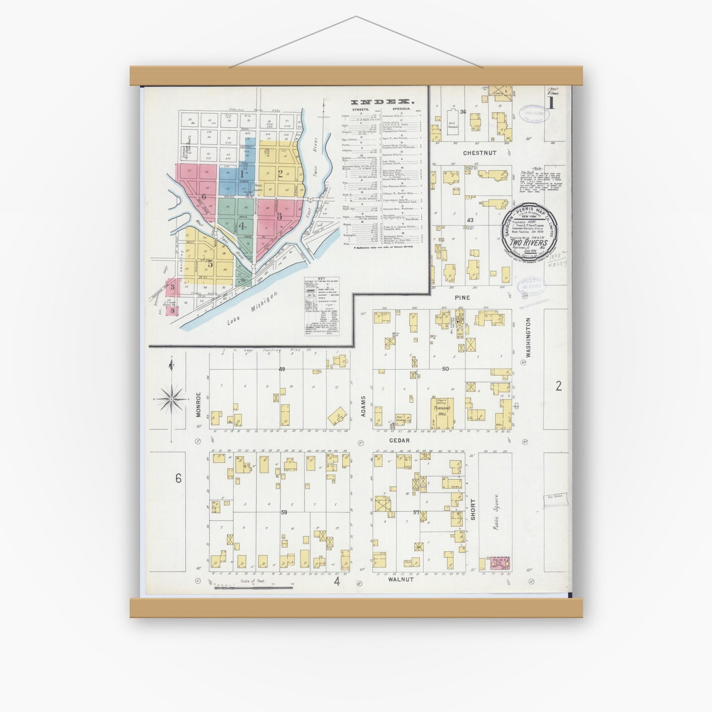 Old map wall art mockup — magnetic wood frame on white wall — Sanborn Fire Insurance Map from Two Rivers, Manitowoc County, Wisconsin (1898), Sheet #0001