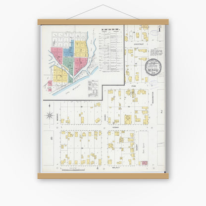 Old map wall art mockup — magnetic wood frame on white wall — Sanborn Fire Insurance Map from Two Rivers, Manitowoc County, Wisconsin (1898), Sheet #0001