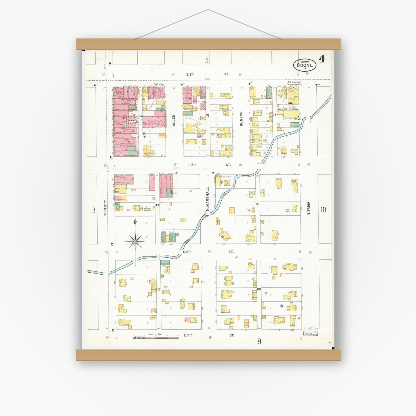 Old map wall art mockup — magnetic wood frame on white wall — Sanborn Fire Insurance Map from Boone, Boone County, Iowa (1900), Sheet #0004