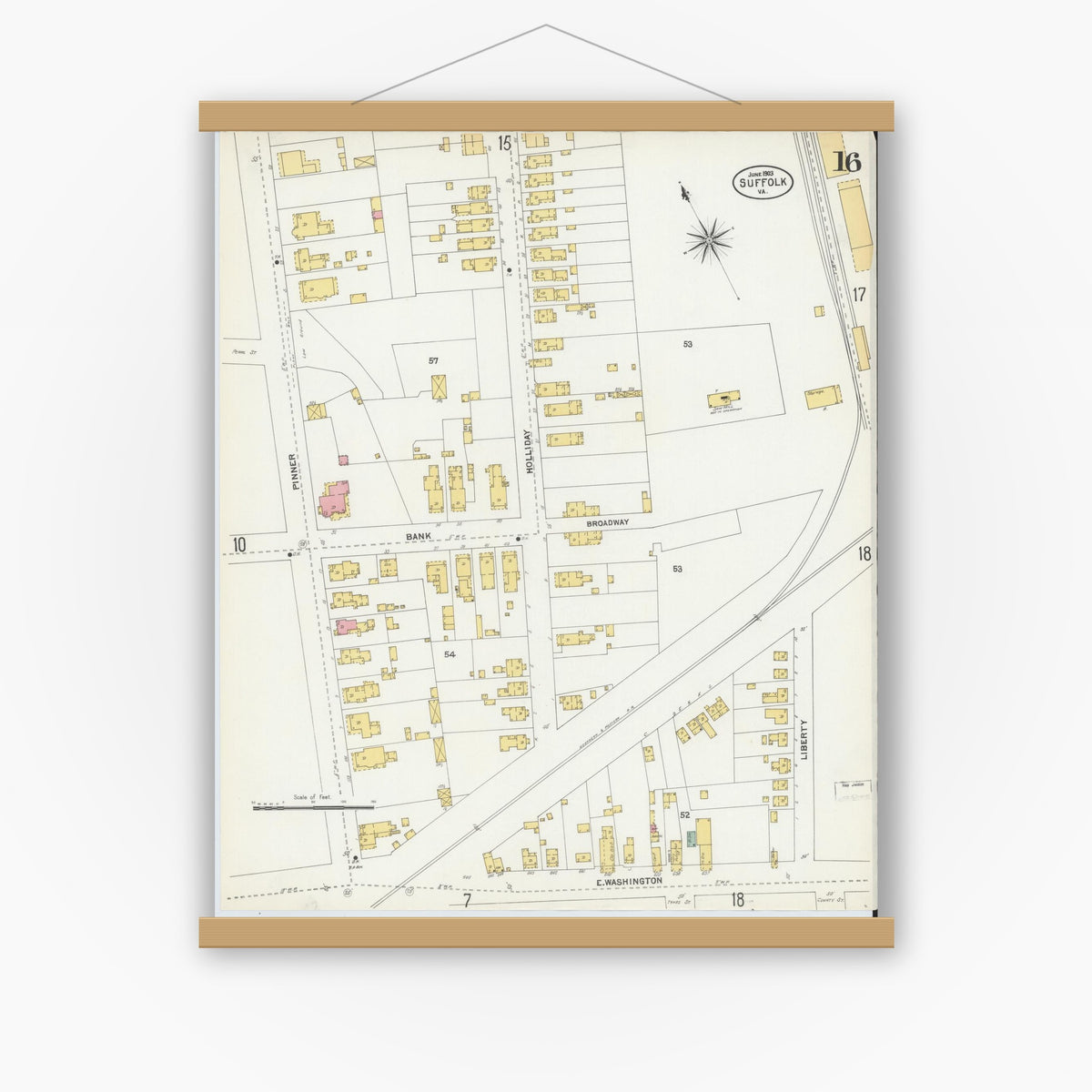 Old map wall art mockup — magnetic wood frame on white wall — Sanborn Fire Insurance Map from Suffolk, Independent Cities, Virginia (1903), Sheet #0016