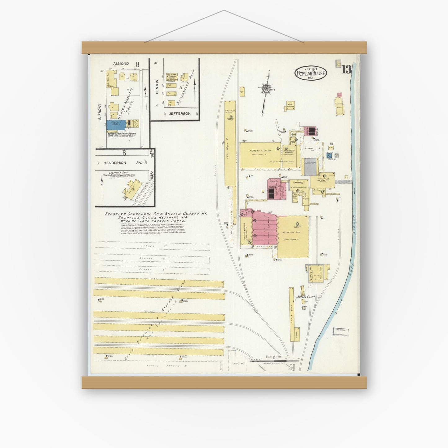 Old map wall art mockup — magnetic wood frame on white wall — Sanborn Fire Insurance Map from Poplar Bluff, Butler County, Missouri (1917), Sheet #0013
