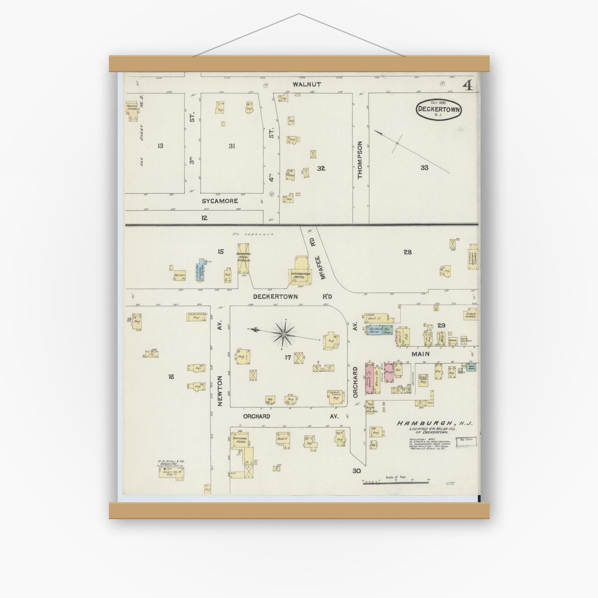 Old map wall art mockup — magnetic wood frame on white wall — Sanborn Fire Insurance Map from Deckertown, Sussex County, New Jersey (1890), Sheet #0004