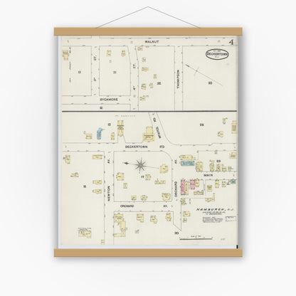 Old map wall art mockup — magnetic wood frame on white wall — Sanborn Fire Insurance Map from Deckertown, Sussex County, New Jersey (1890), Sheet #0004