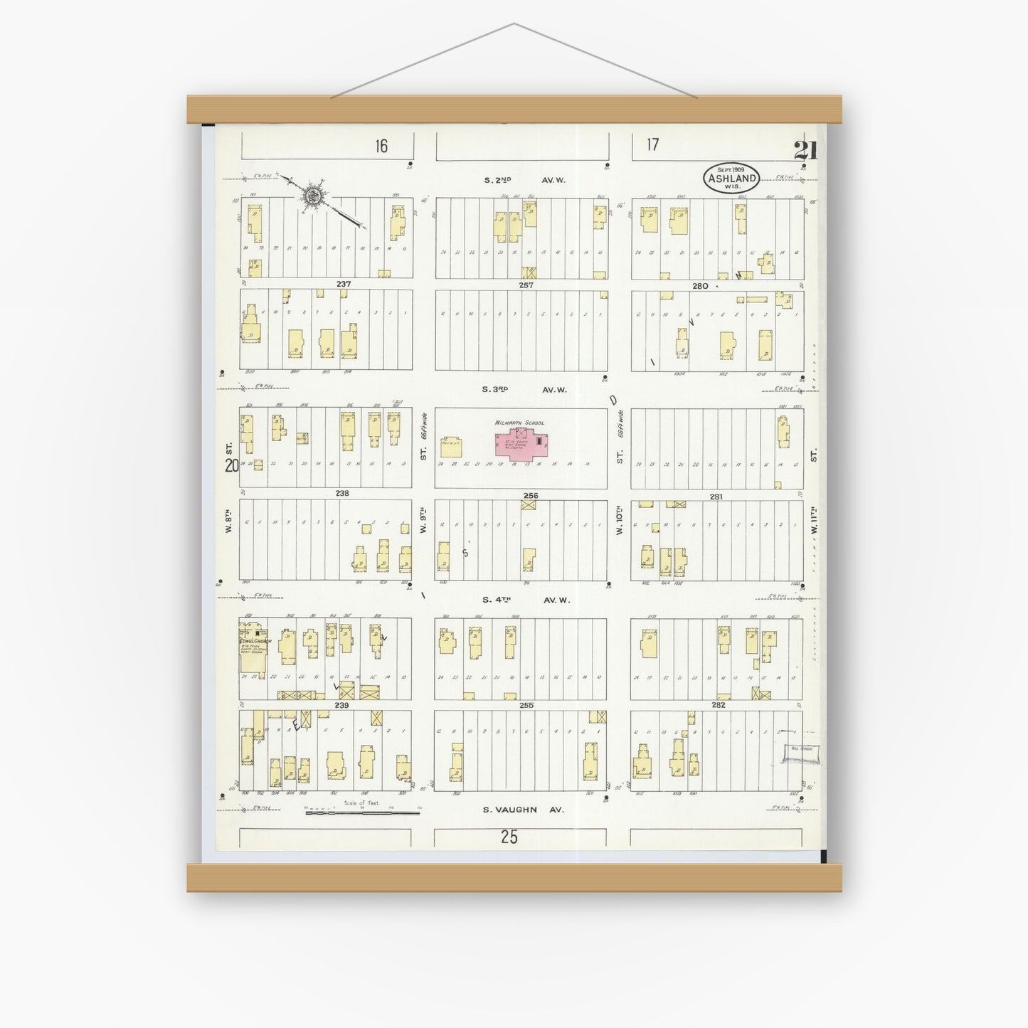 Old map wall art mockup — magnetic wood frame on white wall — Sanborn Fire Insurance Map from Ashland, Ashland County, Wisconsin (1909), Sheet #0021